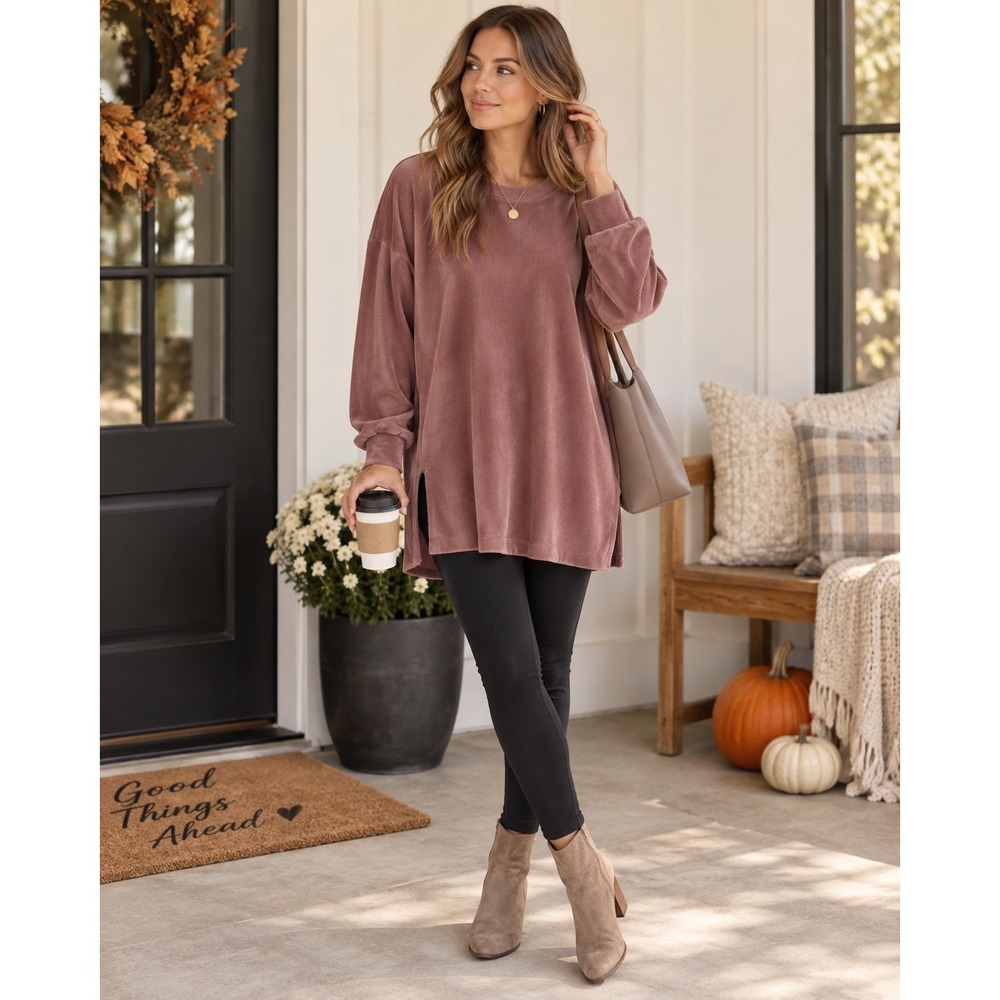 J. Jill Corduroy Tunic Top Mauve Purple Oversized Crew Neck Side Slit Medium